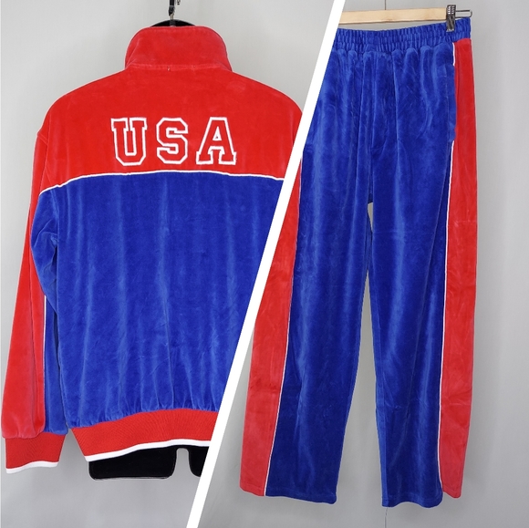Sweatsedo Retro Velour Track Suit Set USA Logo Red Blue Zip Pocket Large - Picture 1 of 10
